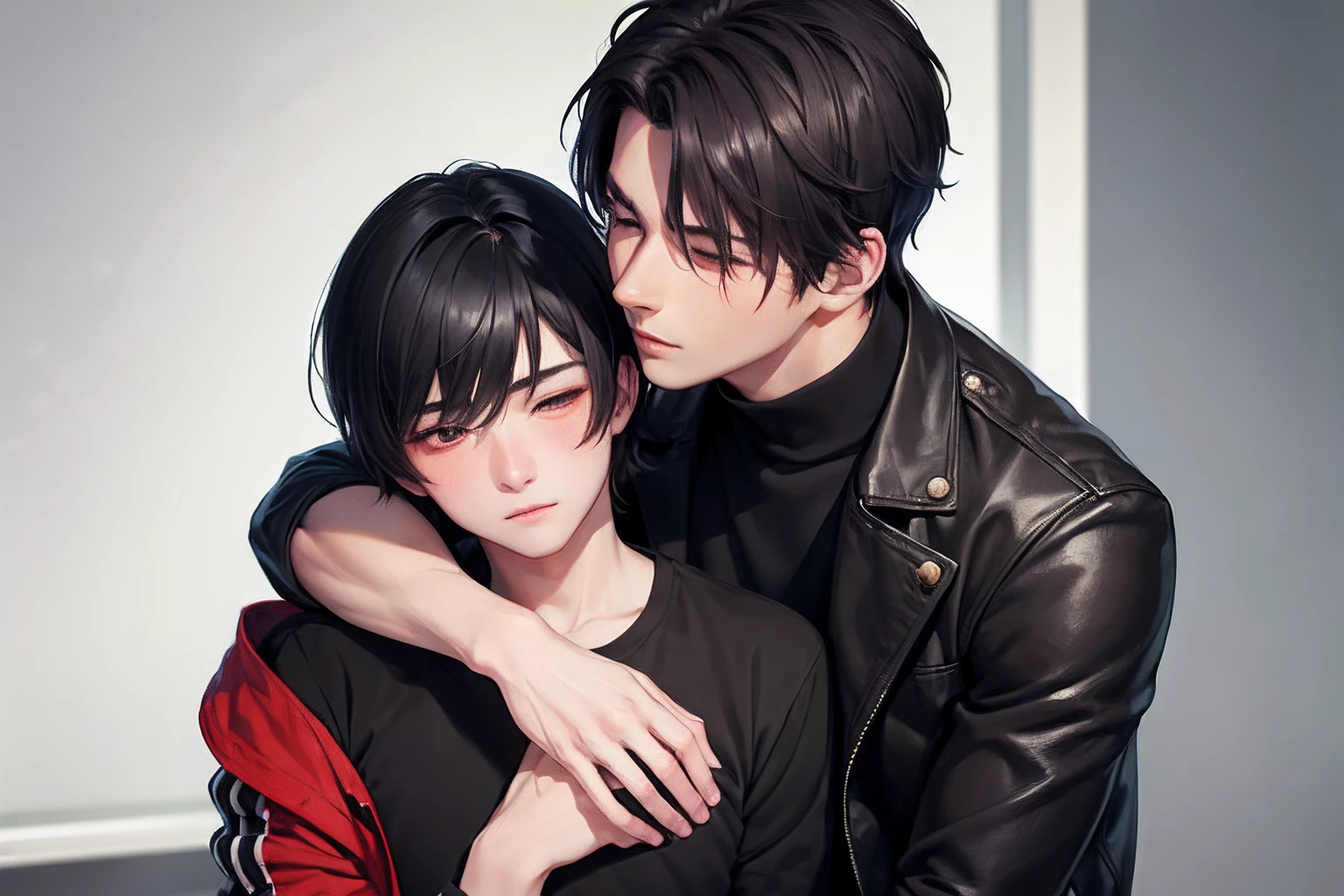 (Masterpiece), (best quality), ((super-detailed)), (photorealistic), (2male), mature male, ((handsum male)), gay, ((yaoi)), eye contact ,hugging , heart,romantic style
BREAK
(male1: red eyes, black hair,jacket,blush,serious)
BREAK
(male2: closed eyes, black hair, very short hair,  green eyes, shirt,smiling),