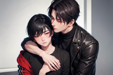 (Masterpiece), (best quality), ((super-detailed)), (photorealistic), (2male), mature male, ((handsum male)), gay, ((yaoi)), eye contact ,hugging , heart,romantic style
BREAK
(male1: red eyes, black hair,jacket,blush,serious)
BREAK
(male2: closed eyes, blac...