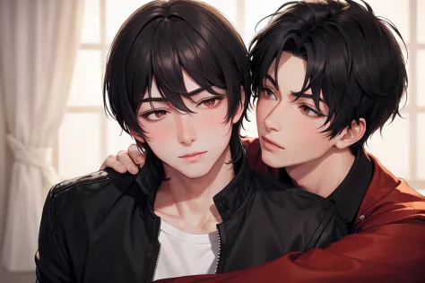 (Masterpiece), (best quality), ((super-detailed)), (photorealistic), (2male), mature male, ((handsum male)), gay, ((yaoi)), eye contact ,hugging , heart,romantic style
BREAK
(male1: red eyes, black hair,jacket,blush,serious)
BREAK
(male2: closed eyes, blac...