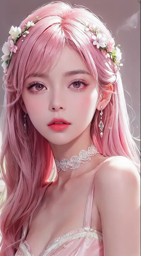 1 18-year-old beautiful and pure Barbie princess,Pinkish background,Long pale pink hair,delicated face,full bodyesbian,pink choker,Pink earrings,Delicate facial features,Nice pink eyes,A beautiful picture,A fairytale world composed of dreams, fairy tales, ...