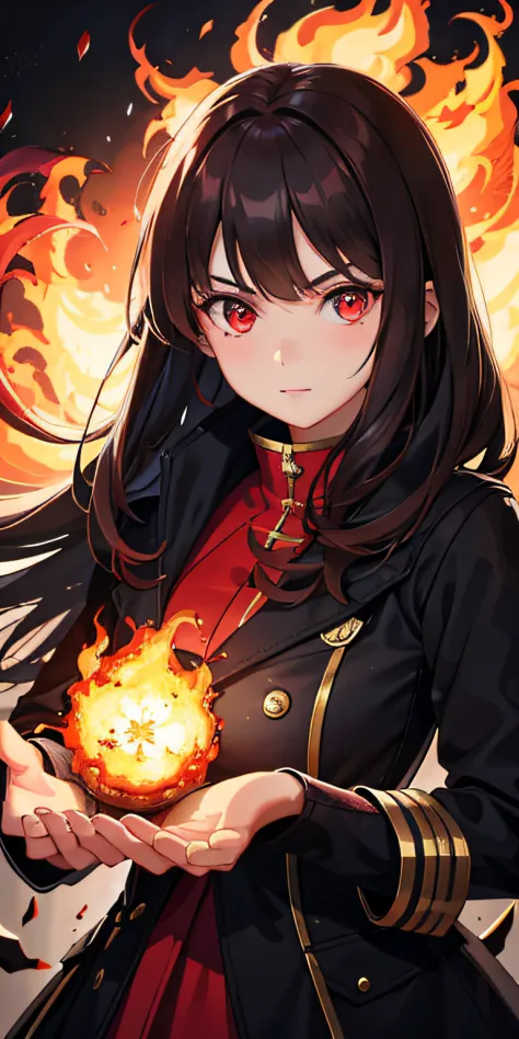 1girl,brunette color hair,red - eyed,Fire Witch,Blood,light particules,