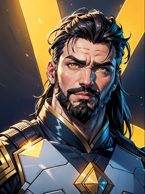 A close up of a Todd Smith as Ares with mullet hair and a short beard, glowing yellow eyes, a character portrait inspired by Li ...