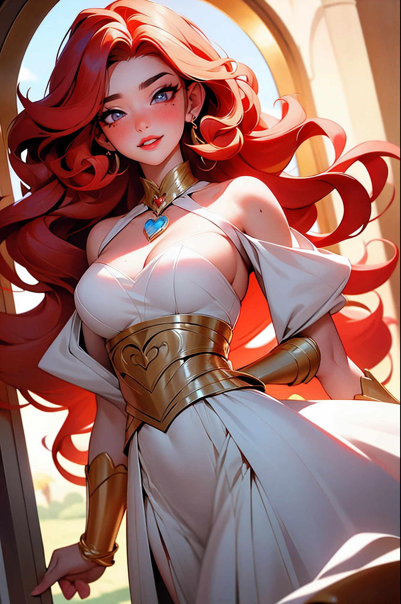 (Gorgeous robes.), A woman, noble, The beauty, Playful, Pure), red hair, curly hair, messy hair, long hair, mole under eye, heart-shaped pupils, half-closed eyes, sparkling eyes, heart earrings, parted lips, seductive smile, moaning, torogao, naughty face, full-face blush, anime, Romanticism, Genre painting, anime style, drop shadow, tachi-e, cowboy shot, Ultra-Wide Angle, wide shot, from above, from side, UHD, high details, super detail, textured skin, 4K