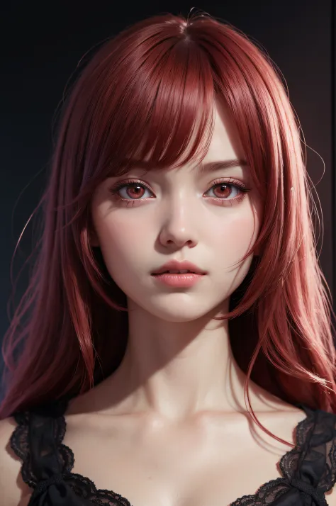1girl in, star eye, blush, Perfect Illumination, Red hair, Red Eyes, Unreal Engine, side lights, Detailed face, Bangs, bright skin, Simple background, Dark background,