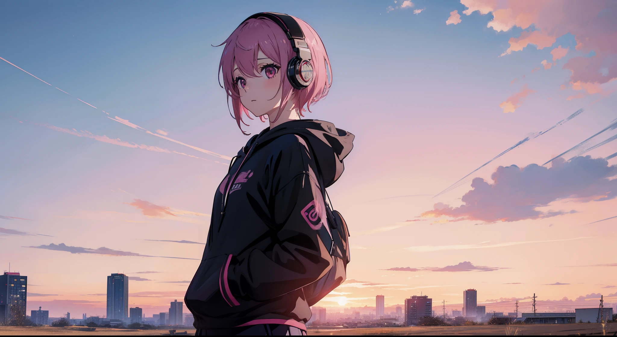 ​masterpiece、top-quality、Movie stills、1girl in、gotou hitori， gotou1，animesque、Pink shorthair、Pink hair、eyes large、singers、illustratio、Black hoodie、microphone、headphones、kawaii、Large grasslands、Sunset in the city（Spark：0.7）、Background like Makoto Shinkai