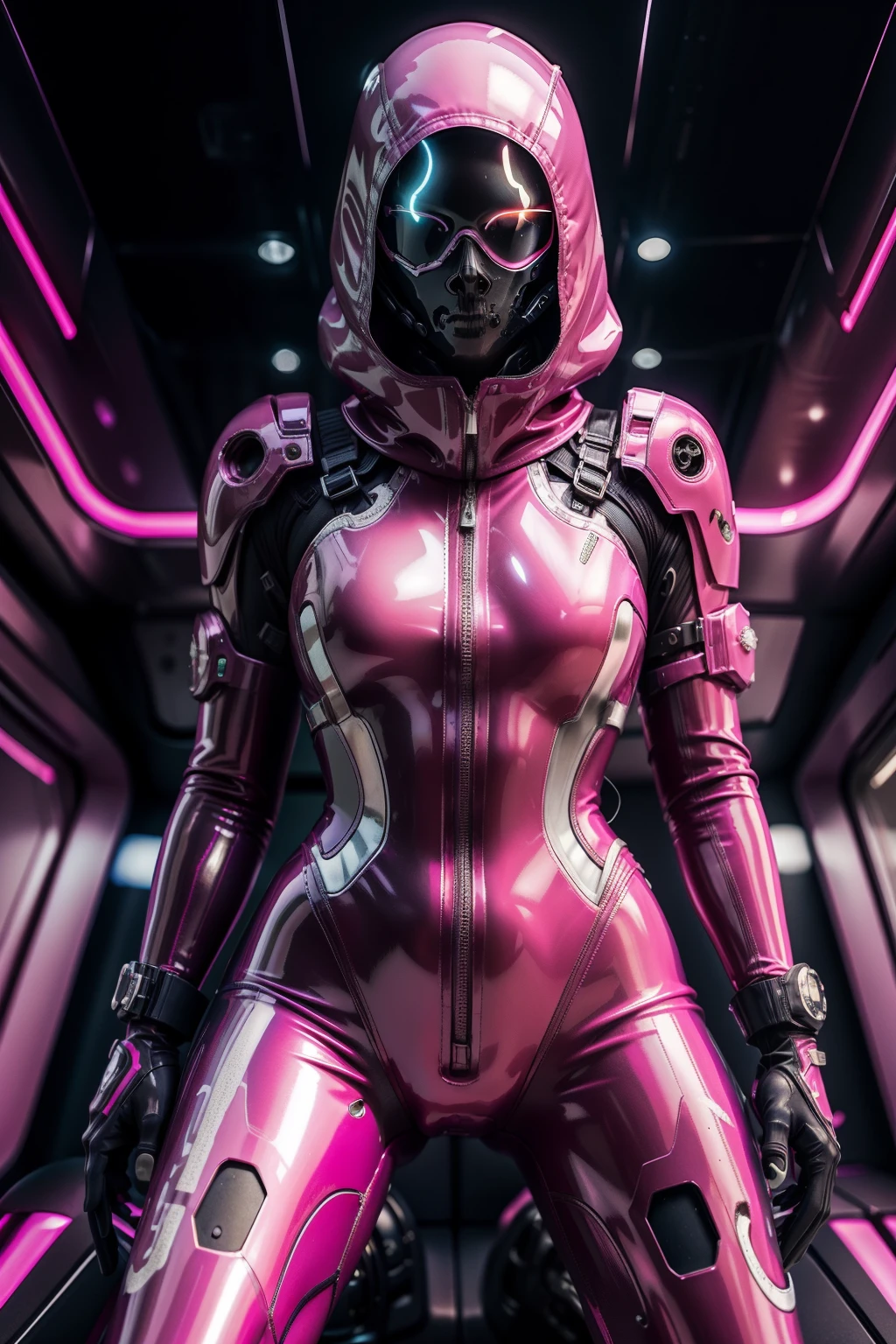 (RAW photo:1.2)，Pink latex jumpsuit，Hollow-out on，Holt collar, latex shiny,tight-fitting，sweat leggs，White liquid， Pink body, wearing atsuko kudo latex outfit, wearing tight suit, Smooth pink skin, catsuits, Wearing latex, shiny plastic, shiny metallic glossy skin, The color of pink glow, latex outfit, chrome bodysuit, cyberpunk glossy latex suit, Shiny, futuristic glossy latex suit　spread their legs　M-shaped legs　angry look　sullenness　Irritated，white liquid all over body，