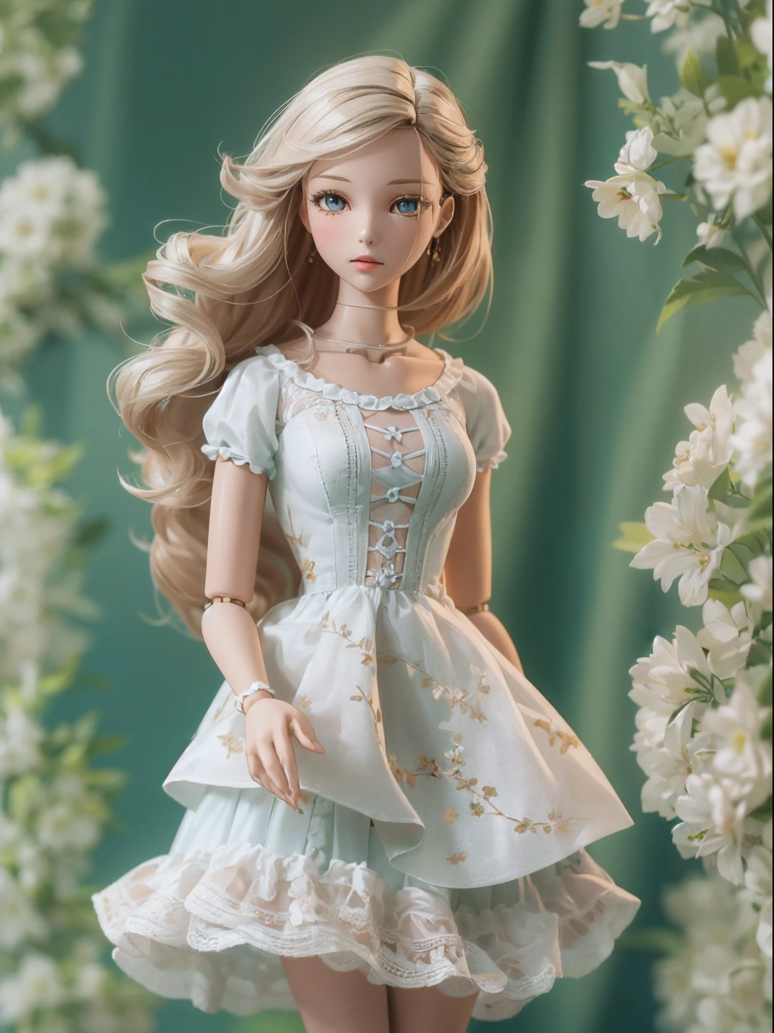In a soft 3D rendering, a (beautiful ball-jointed doll) stands gracefully. She is dressed in a summer dress, the fabric flowing elegantly around her. The doll's delicate features are expertly crafted, and she exudes an air of sophistication and refinement. It's a stunning image, full of beauty and detail.