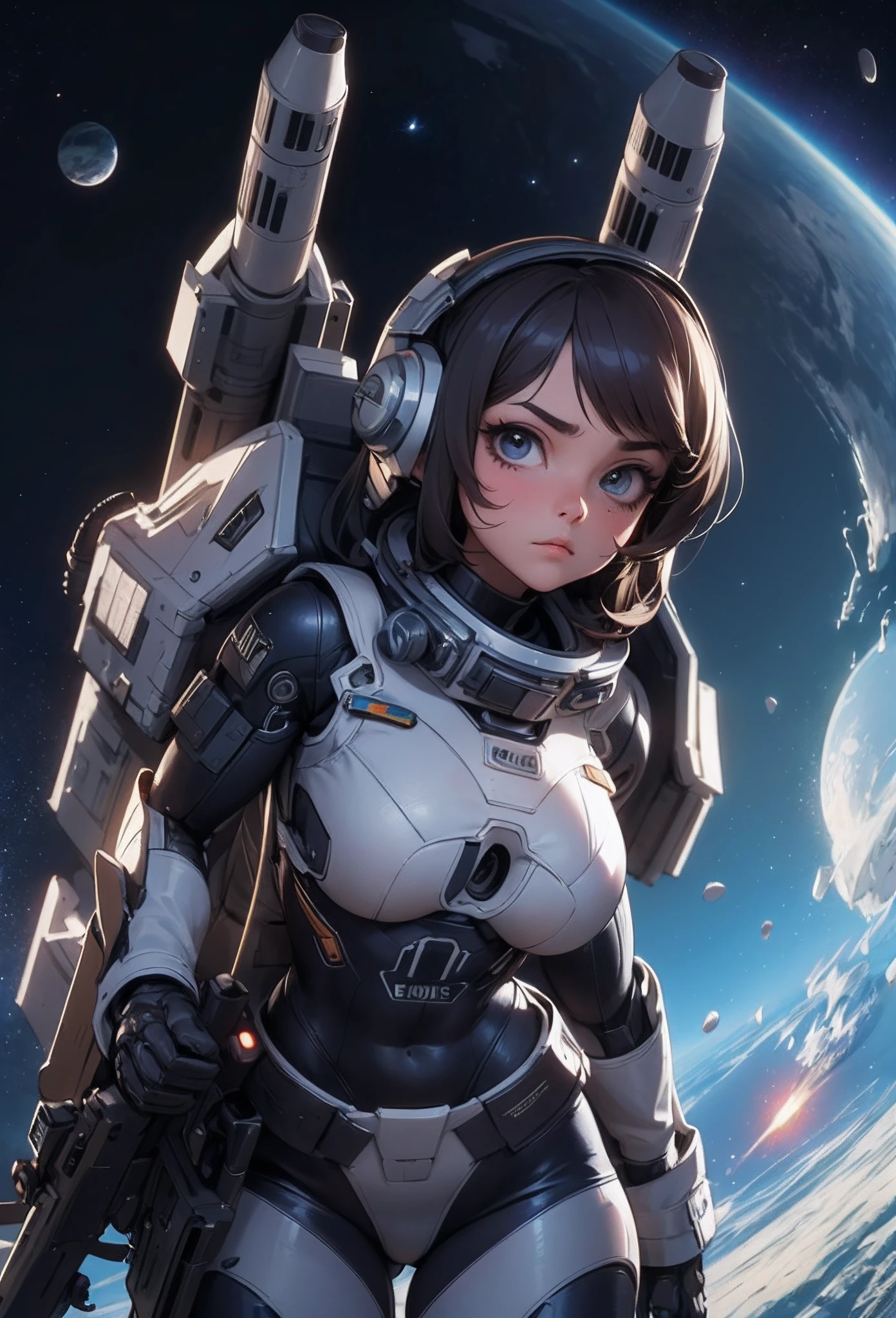 (Artwork of exceptional craftsmanship),(Detailed illustrations,(Very ideal anatomy),Very detailed and detailed drawing,Delicate lines with slow and rapid,(Realistic texture expression)),[Color tressed main line],(Space Battlefield [Space Mobile Fortress]),[独奏],HENTAI (((ANIME) BIONICGirl) Beauty 15 years old ((well-muscled) [plump])) (Astronauts Cyborg) [Space Marine Corps Military [MASCHINEBODY]],Bullet Belt Javelin [[Firearms, Machine Guns, Bazookas] Saber Rifle ][[Rocket Pack]],Zero Gravity Front,gravure [[White Devil] [Outer space combat]] Battle Damage,[retro-futuristic],(Fine and beautiful skin expression [Transparency]),(Beautiful perfect face [Realistic face details:0.8]),[[Perfect eye details [Eyes beautifully drawn down to the smallest detail]]],[Fine hair details],(Perfect hand details),(Perfectly proportioned:1.2),([Advanced structural understanding of materials],Ideal color coordination),([Precision Detail],HighQuality,hight resolution),[(Accurate simulation of light-material interactions),Mechanically correct representation,Perfect Anatomy],[Graffiti art with a sense of narrative].