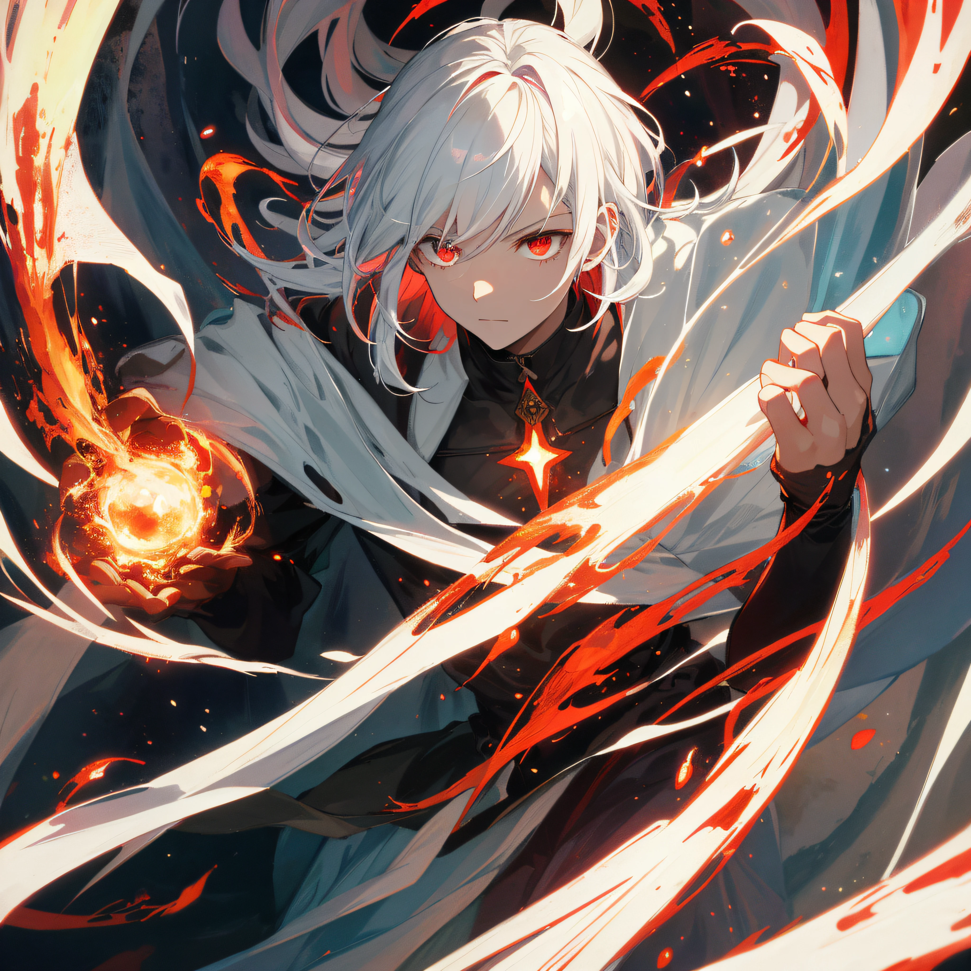 a painting that represents the essence of magic in your world, showing the white-haired, red-eyed protagonist with a mystical black mark on his neck immersed in a cascade of magical energy, with glowing particles dancing around him and arcane symbols forming in the air, masterpiece, best quality, ultra-detailed, illustration, 8k resolution concept art, fantasy art, epic art, concept art wallpaper 4k, deep color, natural lighting, eye catching, over powered.