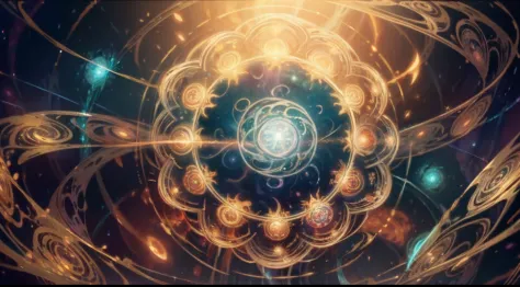 artdecoAI, tangled and twisted, iridescent braided ribbons, fractal energy waves spiral around a soul vessel, glowing plasma particles in nebula before a crystalmandala, gold, silver and ivory colors