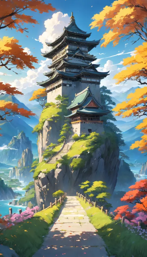 landscape, green hills and one castle, there are road in center, bush on side with yellow color, flower on side, bird, peace, morning vibes, japan vibes (extremely detailed CG unity 8k wallpaper), most beautiful artwork in the world, intricate, High Detail...