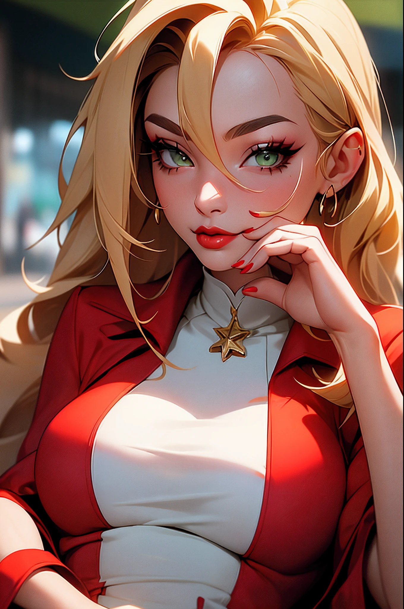 Tsunade，is shy，one-girl，blond hairbl，long whitr hair，with brown eye，Red lips，lipsticks，pub，ssmile，Be red in the face，Green coat，Close-up，drink，Piva，sitted，Portrait photo，sfw