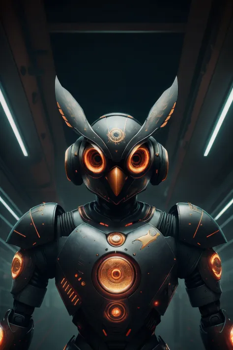 A closeup of an MSHN robot owl , futobot, ciborgue , Using CyberHelmet Bright Circle , armadura de batalha, MSHN Factory, tubes ...