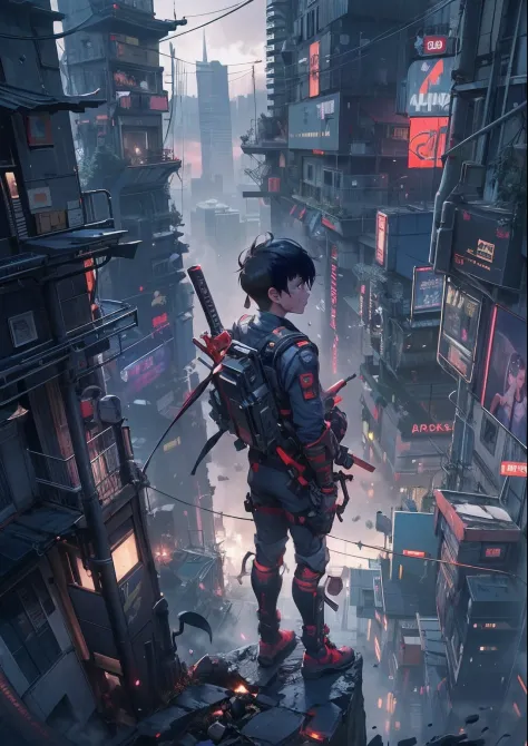 1boy,A 13-year-old boy、Cyberpunk boy、katana swords,Pointy hairstyle、vests、Bloody all over、Composite top view、back Lighting,The beginning of the adventure、Lots of clouds,Heavy fog、midnight,Darkness,The chaotic city of the future、ruined and devastated city、d...