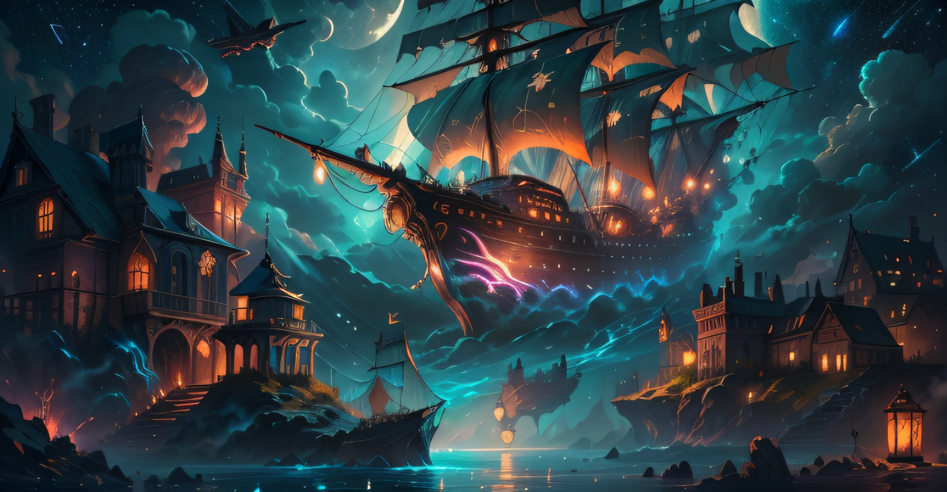 Painting of flying pirate ship surrounded by little fairies, meteor shower, clouds, full moon, stars in background, fantasy, highly detailed digital art in 4K, high quality detail art in 8K, in the style of Cyril Roland, detailed fantasy digital art, epic fantasy science fiction illustration, amazing wallpaper, inspired by Gaston Bussiere, masterpiece, beautiful psychedelic masterpiece, black light painting