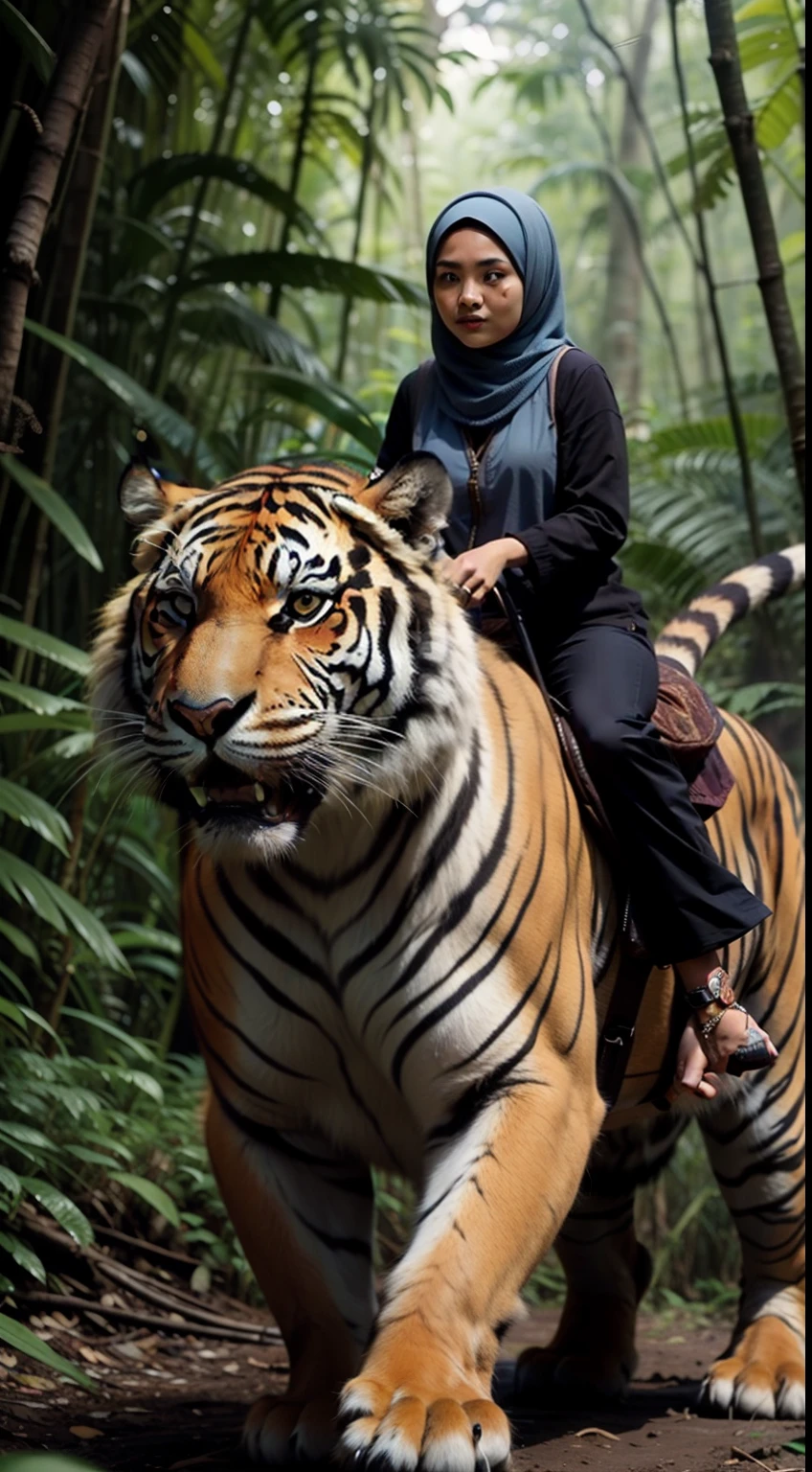 Femme chevauchant un tigre dans la jungle avec un homme dessus - SeaArt AI