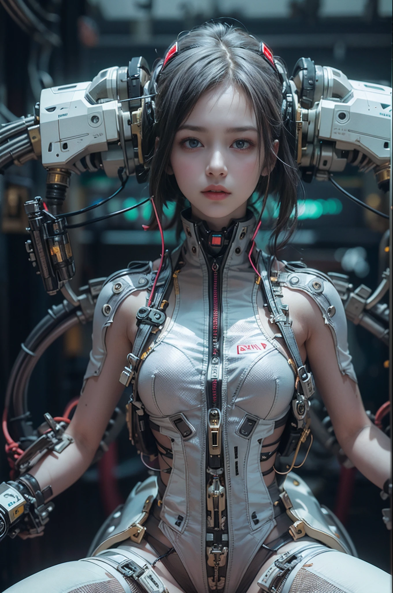 of the highest quality, masutepiece, Ultra High Resolution, ((Photorealistic: 1.4), Raw photo, 1 Cyberpunk Girl, Glossy skin, 1 Mechanical Girl, (super realistic details)), Mechanical limbs, Tubes connected to mechanical parts, Mechanical vertebrae attached to the spine, Mechanical cervical attachment to the neck, Wires and cables connecting to the head, Evangelion, Ghost in the Shell, Small glowing LED lamp, global lighting, Deep Shadows, Octane Rendering, 8K, ultrasharp, Metal, Intricate decoration details, Baroque style details, high intricate detailed, Realistic light, Trends in CG, Facing the camera, neon details, (android factory on background), Art by H.r. Giger and Alphonse Mucha. 、Highly photorealistic human beings、Perfectly round pupilore on the amazing pupil iris、White teenage girl、Slightly baby-faced、a small face、Very human skin feel、ﾘｱﾙAreola、ﾘｱﾙ、fissure、A 14-year-old girl、full body Esbian、7headed body、with round face、(Not a crushing eye)、Rocket-shaped big、