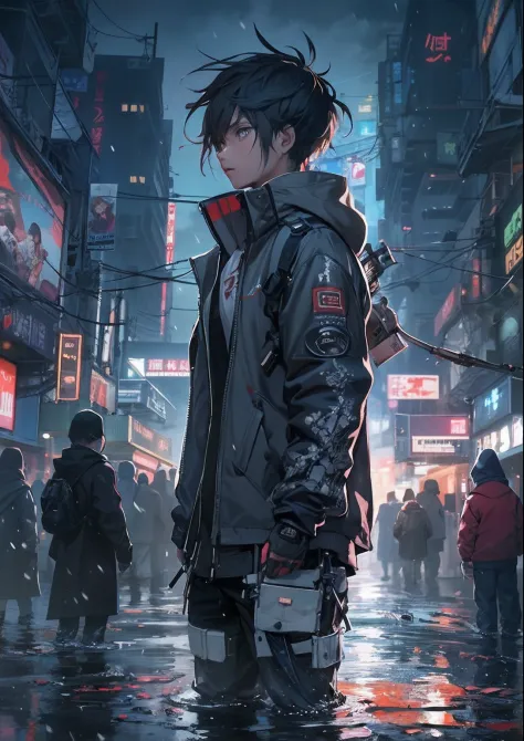 1boy,a 13 yo boy、Cyberpunk Boy、katanas,Spiky hairstyle、Whole body bloody、Wet cloth,Back lighting,The beginning of the adventure、Heavy rain,Lots of clouds,heavy fog、Chaotic city of the future、ruined and devastated city、dystopian、A very complex group of buil...