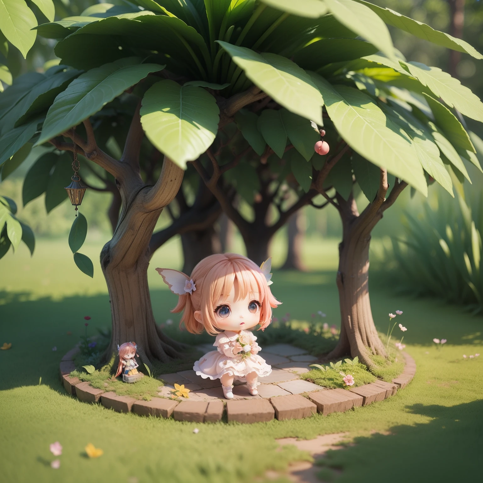 Mignon bébé Chibi Anime,(((chibi3d))) (meilleure qualité) (prix maître)、Fée Chibi、forêt de conte de fées、Abri de la pluie avec de grandes feuilles、levant les yeux