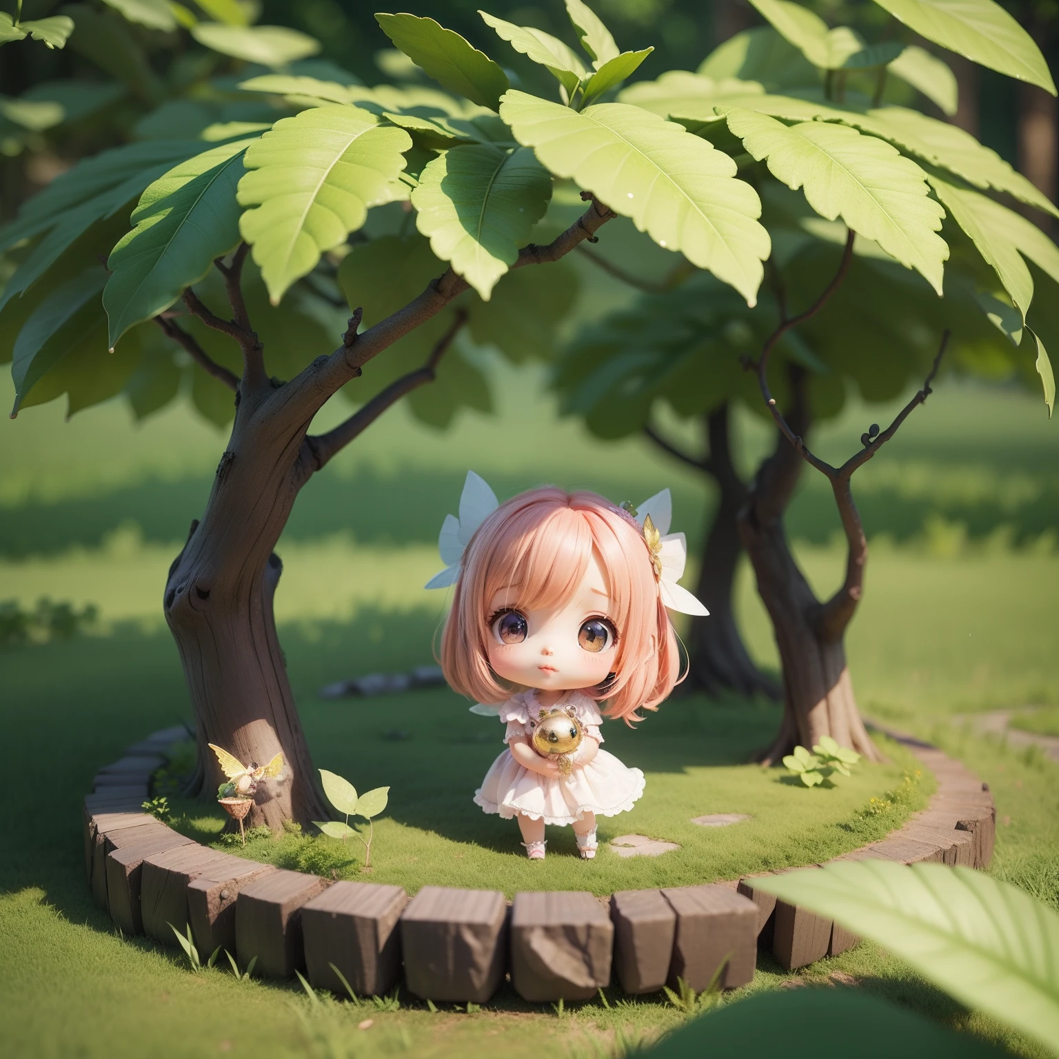 Cute Baby Chibi Anime,(((chibi 3d))) (Best Quality) (Master Price)、Chibi Fairy、fairy tale forest、shelter from the rain with large leaves,、Looking Up