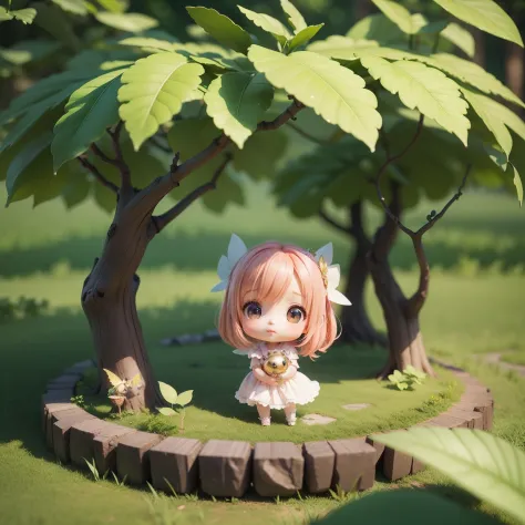 Cute Baby Chibi Anime,(((chibi 3d))) (Best Quality) (Master Price)、Chibi Fairy、fairy tale forest、shelter from the rain with larg...