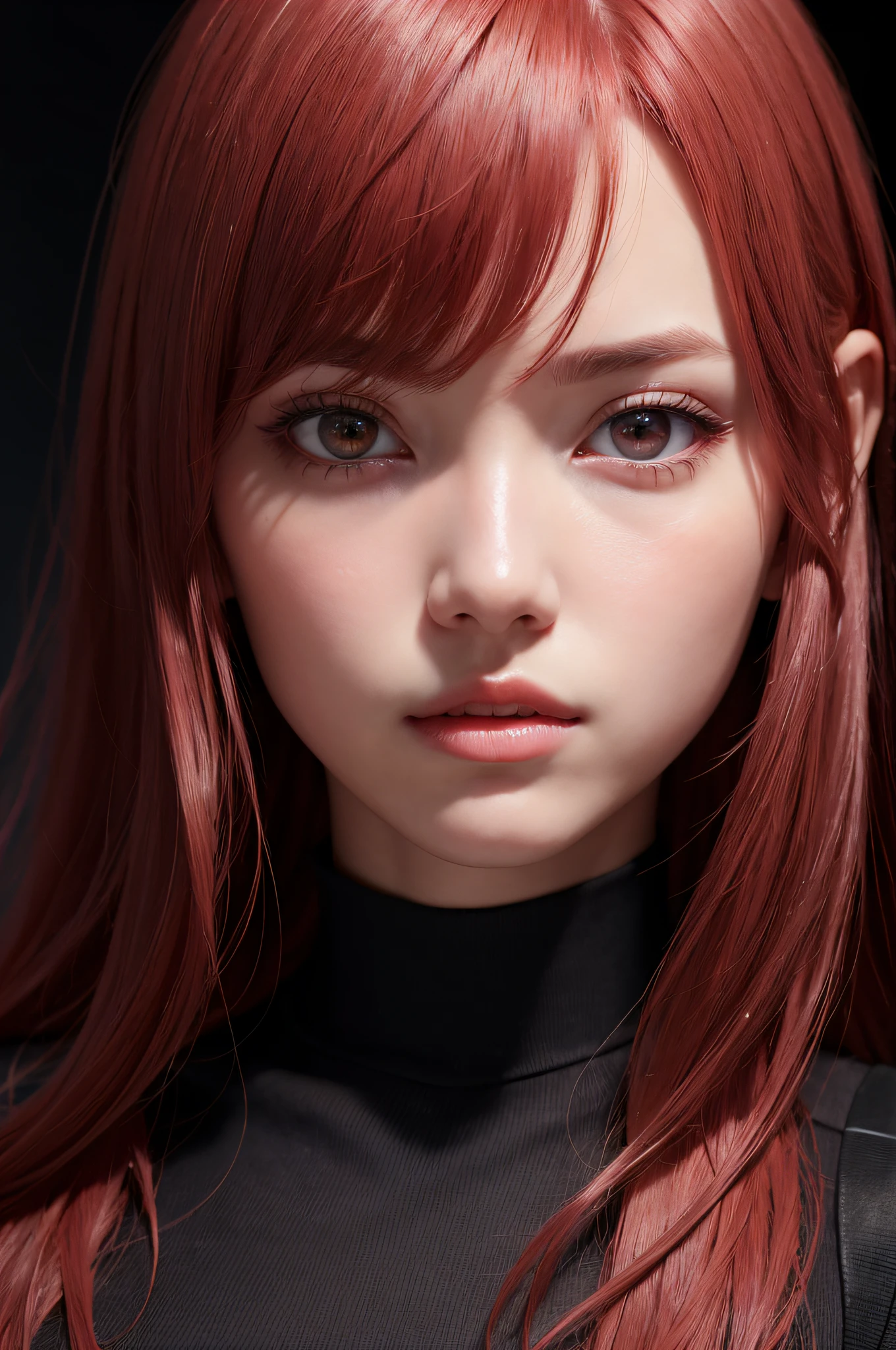 1girl in, star eye, blush, Perfect Illumination, Red hair, Red Eyes, Unreal Engine, side lights, Detailed face, Bangs, bright skin, Simple background, Dark background,