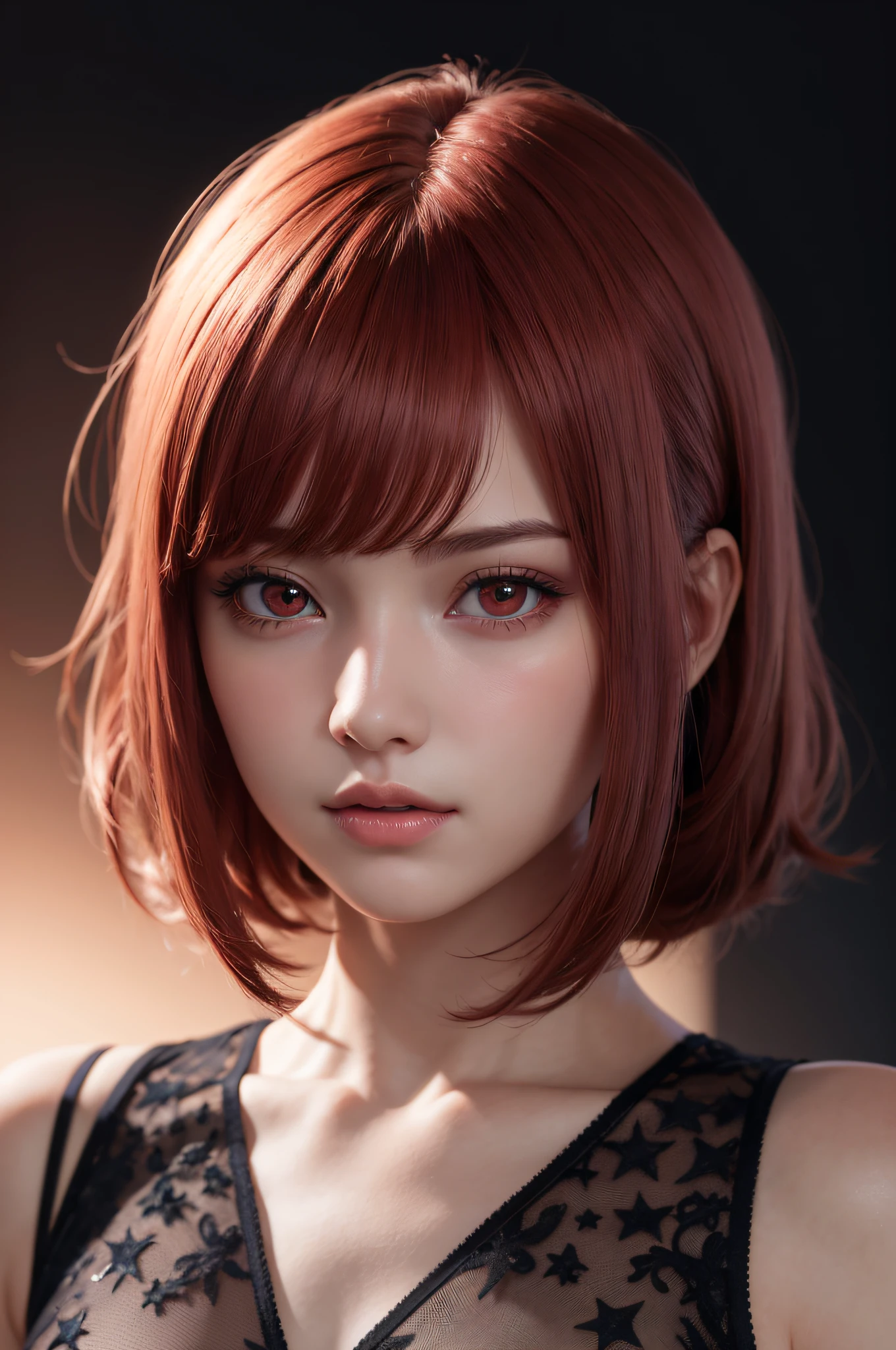 1girl in, star eye, blush, Perfect Illumination, Red hair, Red Eyes, Unreal Engine, side lights, Detailed face, Bangs, bright skin, Simple background, Dark background,