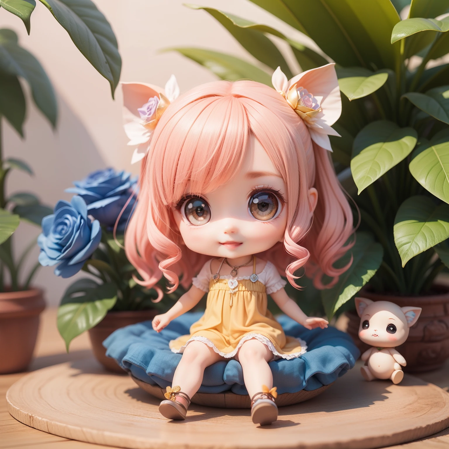 Cute Baby Chibi Anime,(((chibi3d))) (best quality) (masterprice)、Chibi Fairy、Sitting on a blue rose flower、Herbarium、houseplant、Open your mouth and smile、Jewelry Decoration Costumes