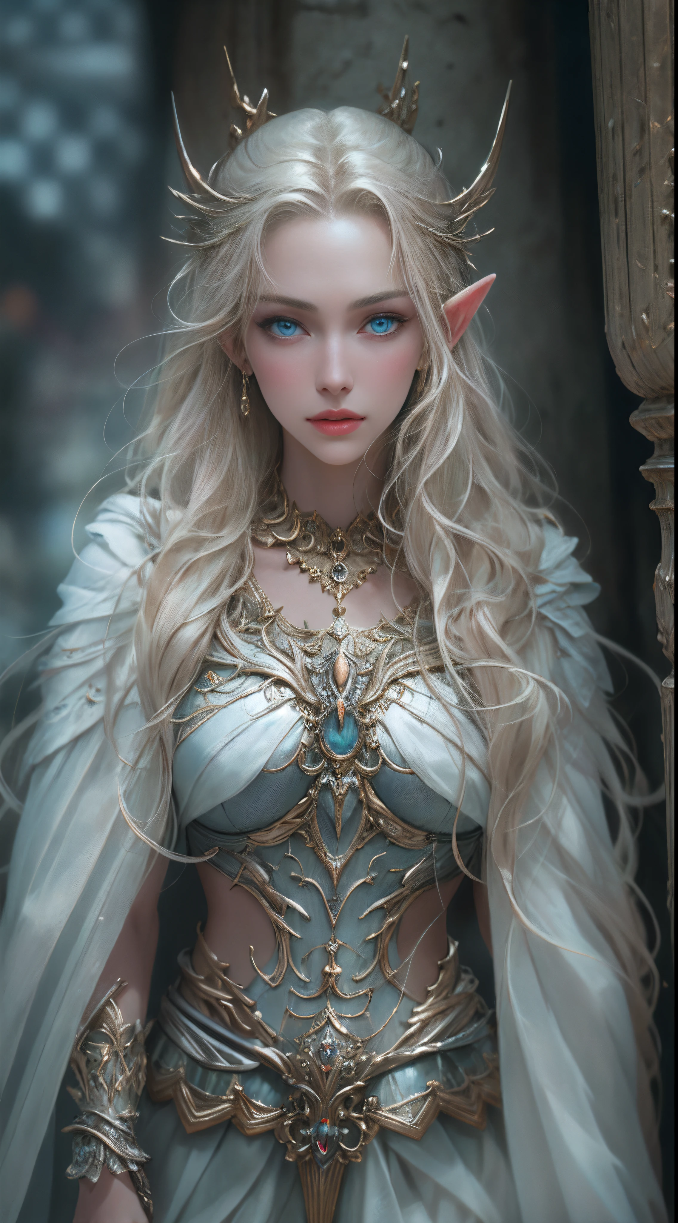 8K  UHD，RAW photo，Elven maiden in silver armor，Skirt armor，Handsome girl，long whitr hair，blonde with blue eyes，The face is delicate，Delicate skin，Full breasts，Crystal clear lips，Slender legs，(Real Human:1.3)，(A high resolution:1.4)，(A detailed:1.5)，(photorealestic:1.7)，RAW photo，Portrait Photogram，Real Human，RAW photo，超A high resolution，Foto realism，best qualtiy，(highdetailskin，skin detailed)，Visible Pore，Shiny skin，tmasterpiece，，finedetail，Colorization，Extremely Delicately Beautiful，Extremely detailed 8k wallpaper，8K high quality，Digital SLR，Girl with beautiful details，(looking at viewert)，professional photograph lighting，Faraway view，Full body photo，in a panoramic view