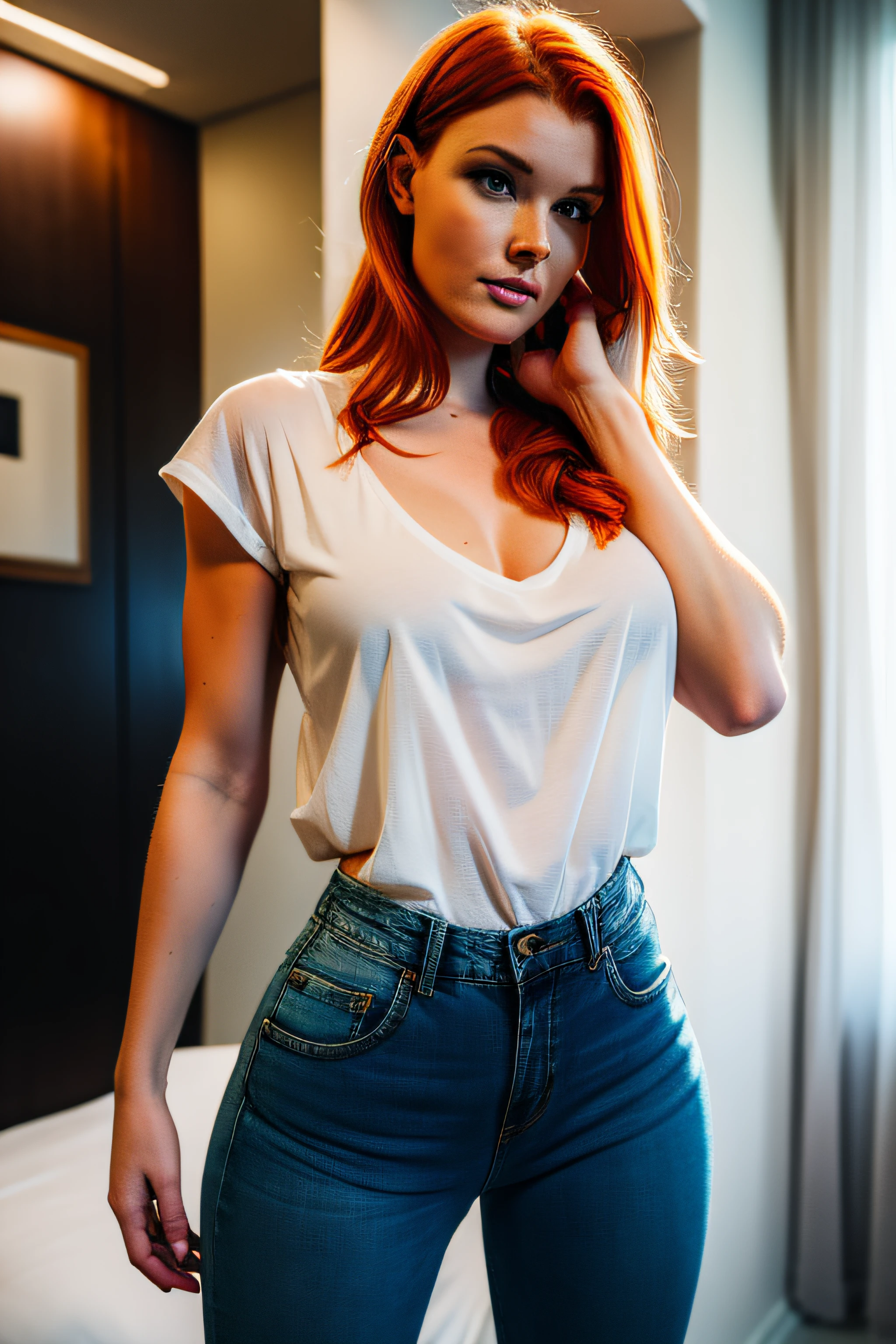 beautiful 25 year old australian woman, ginger hair, she wears a casual white shirt and pulls it down, huge beautiful breasts, huge , huge , she wears super tight jeans, her arms are covered in tattoos full off colours, she stands seductively and looks at camera, she is fit, strong and has slim waist