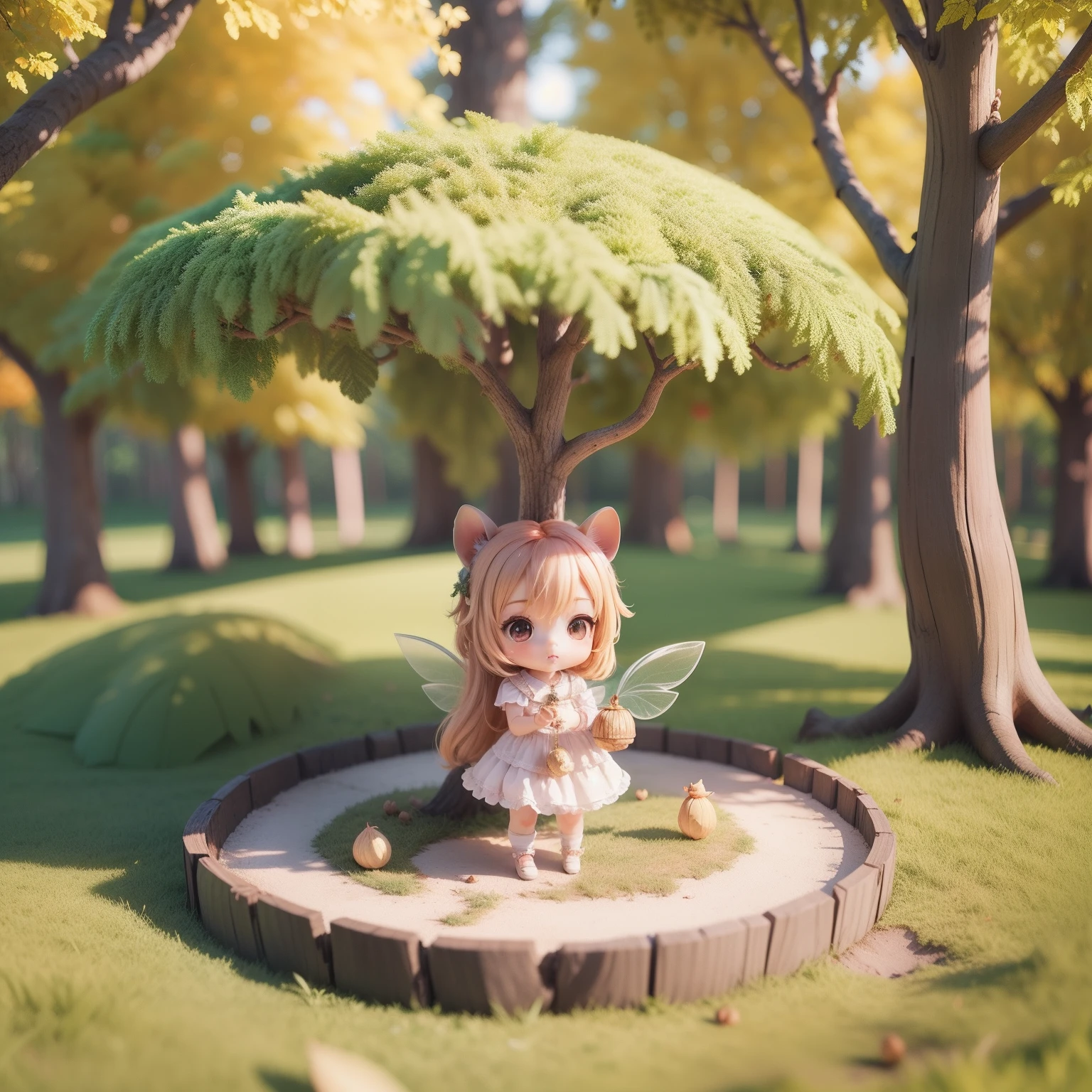 Cute Baby Chibi Anime,(((chibi3d))) (best quality) (masterprice)、（Chibi Fairy Squirrel:1.4)、Autumn in the fairytale forest、Holding an acorn in both hands