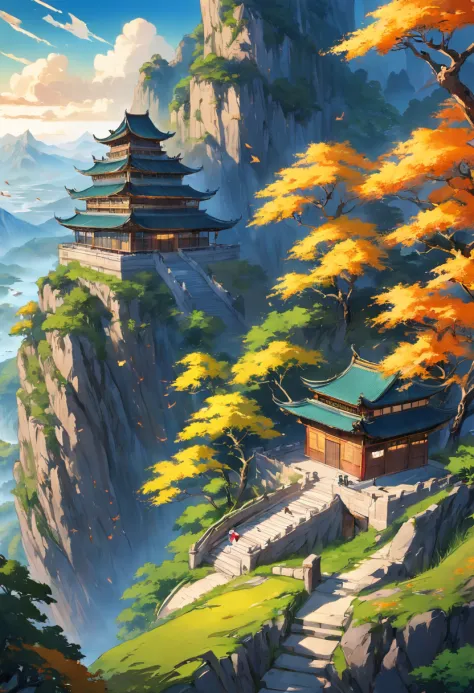 landscape, green hills and castle, bush on side with yellow color, flower on side, bird, peace, (extremely detailed CG unity 8k wallpaper), most beautiful artwork in the world, intricate, High Detail, Sharp focus, dramatic, photorealistic painting art, dre...