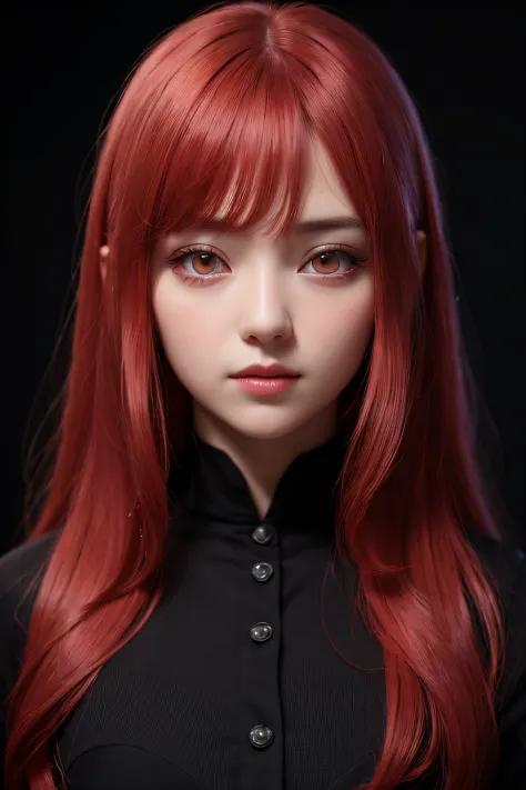 1girll, star eye, blush, Perfect litthing, Red hair, Red Eyes, Illusion Engine, side lights, Detailed face, Bangs, bright skin, Simple background, Dark background,