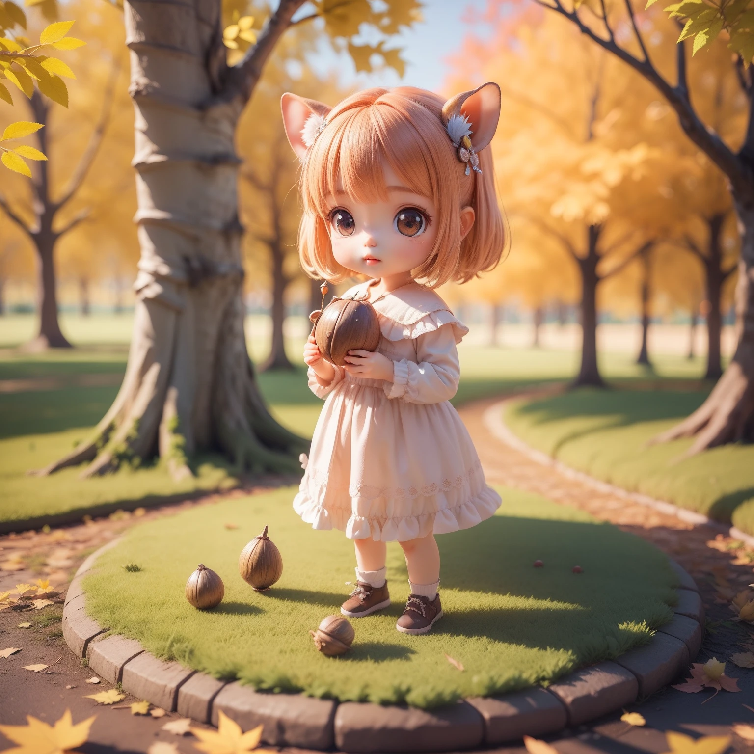 可爱的宝宝 Chibi 动漫,(((赤壁3D))) (最好的质量) (主价格)、（仙女松鼠:1.4)、童话森林里的秋天、双手捧着橡子等待开始