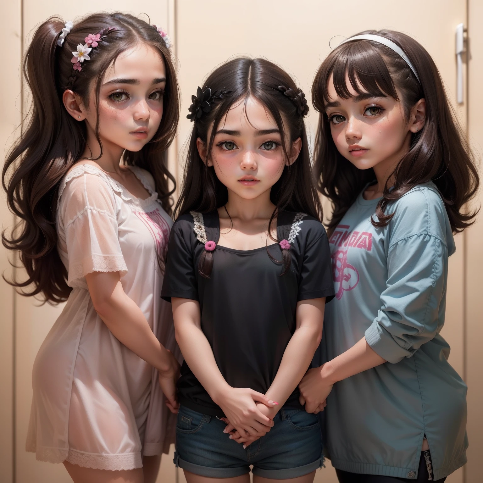 Three young girls standing next to each other in front of a door - SeaArt AI