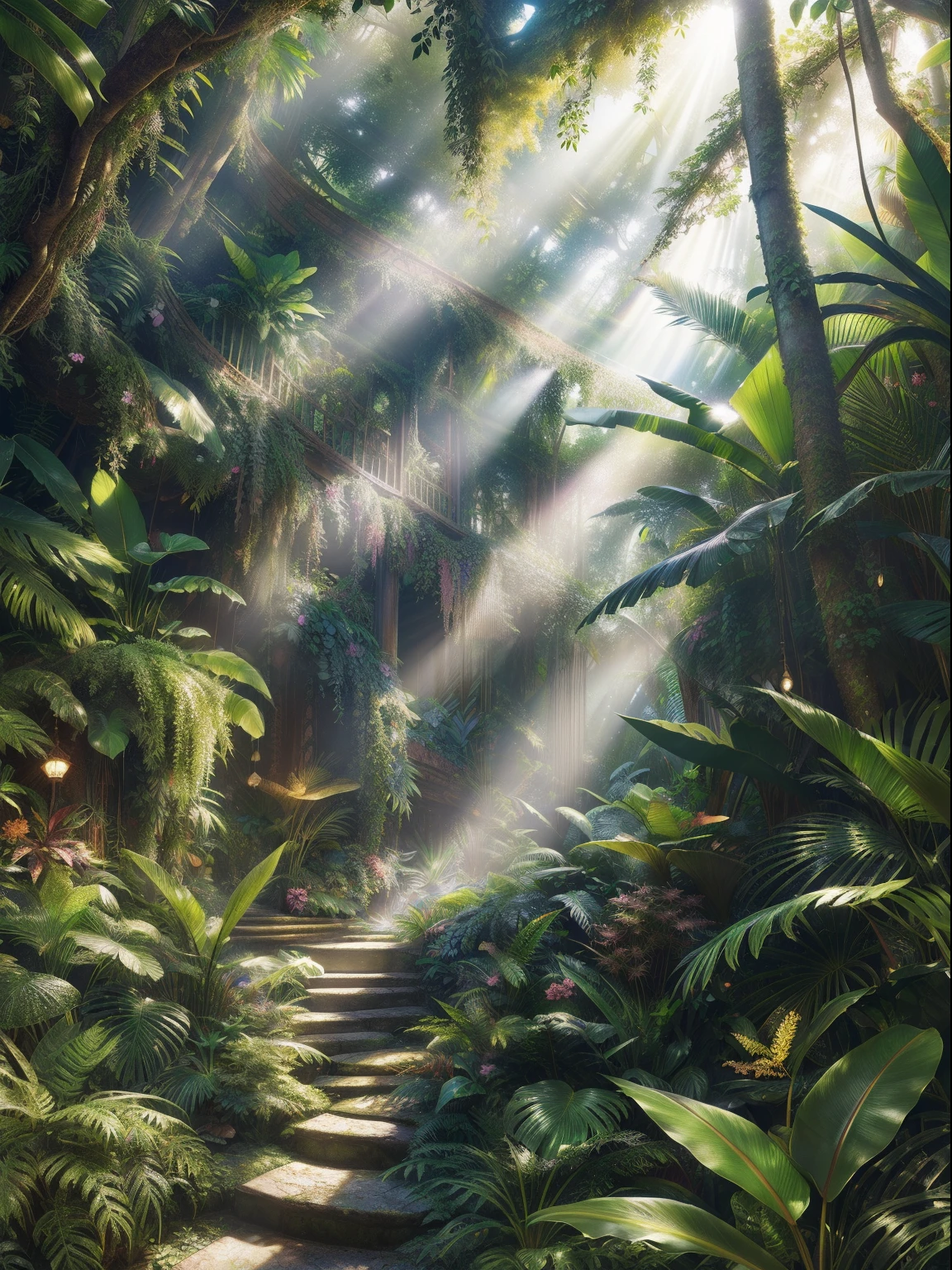 Digital illustration, detailed and intricate, of a dense jungle filled with exotic plants and animals, the sunlight filtering through the canopy creating a dappled effect. In the style of Yoshitaka Amano and Hayao Miyazaki, masterpiece, proportional, detailed, trending on artstation, beautiful lighting, realistic, intricate, award winning, 4k, highest quality