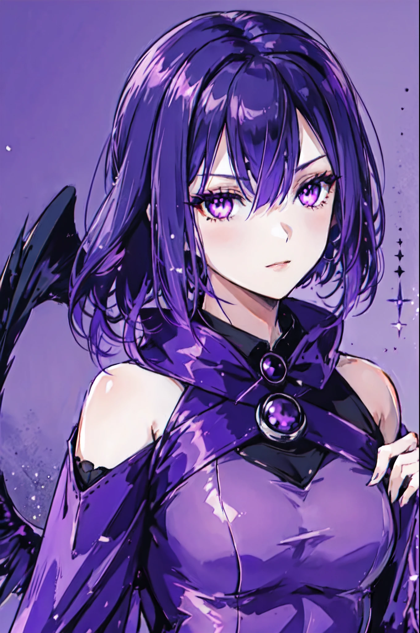 a close up of a girl in a purple outfit, purple eyes, raven black hair, raven, raven hair, villain pose, raven black, high quality, detailed