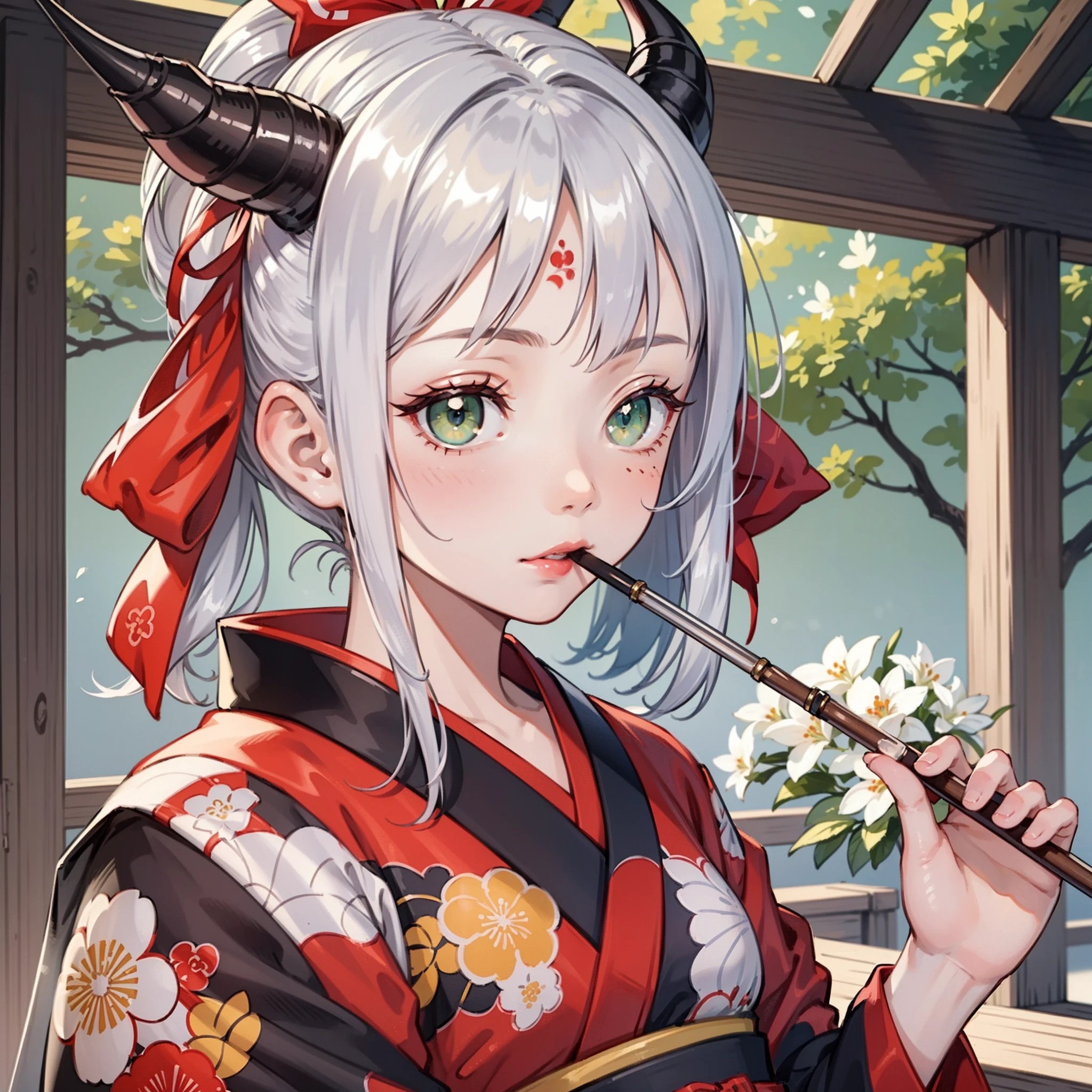 best quality, highly detailed beautiful face and eye, (1girl, solo), (loli, 12years old), kimono, (silver straight hair, hair ribbon), (shiny demon horns:1.1), light green eyes, red lip, floral tattoo on face, earnest expression, Oriental smoking pipe, Japanese ancient capital, forest, face focus