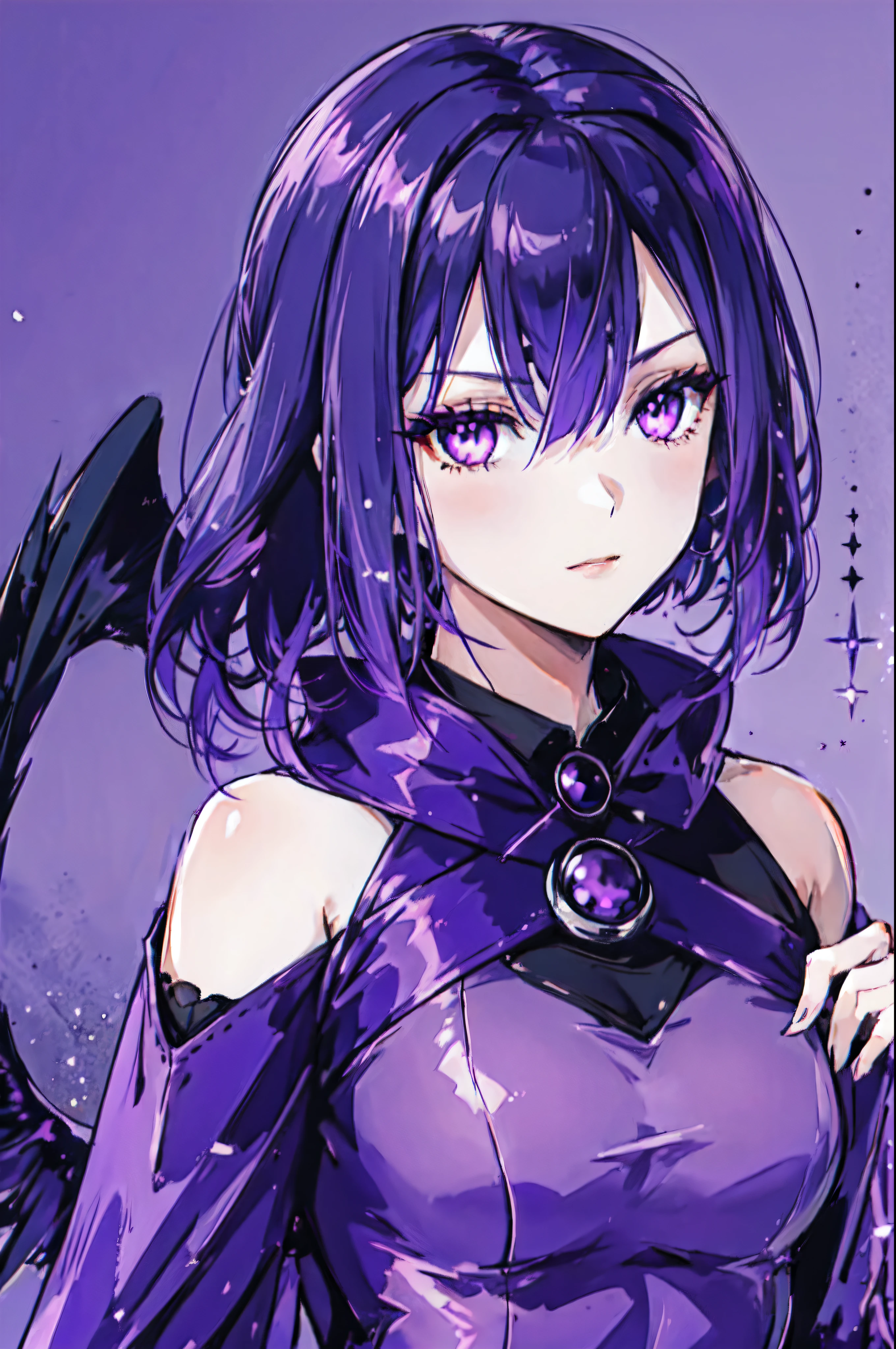 a close up of a girl in a purple outfit, purple eyes, raven black hair, raven, raven hair, villain pose, raven black, high quality, detailed