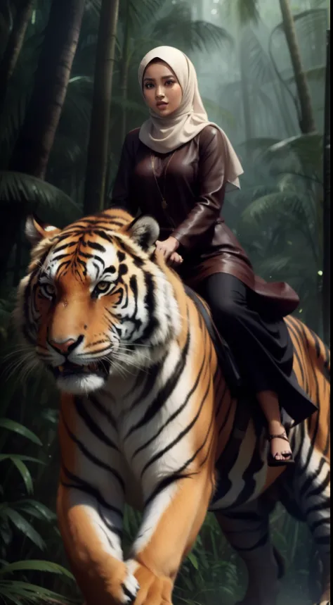 1 sexy malay girl in hijab riding an extra large tiger in the jungle, very big tiger, front view, detail face, cinematic lighting, dramatic,