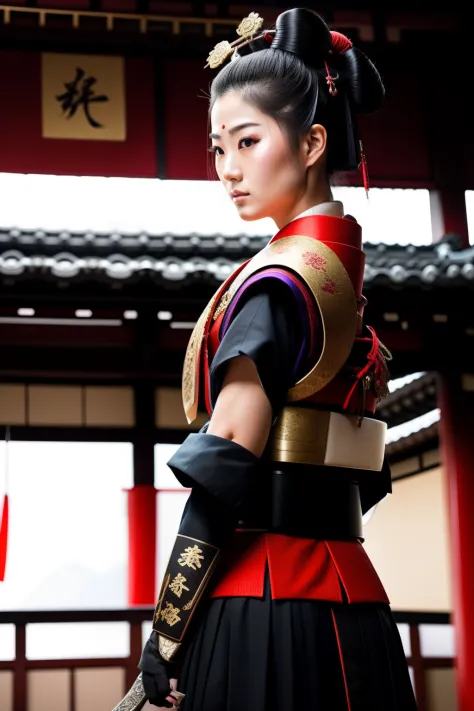 una mujer samurai, en un templo japones, grandes pechos y caderas, fotorrealista, 8k, sexy style