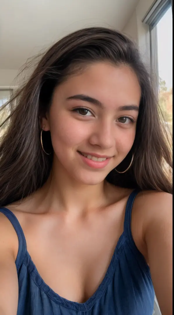RAW image in sequence, Portrait of a 16-year-old, ((upper body selfie, happy)), Snap finger, detailed face, Detailed backgrounds are slightly blurred, Natural Lights, hdr, realistic photo, professional photo, Flirting with the viewer, Visual sexy, Futurial...
