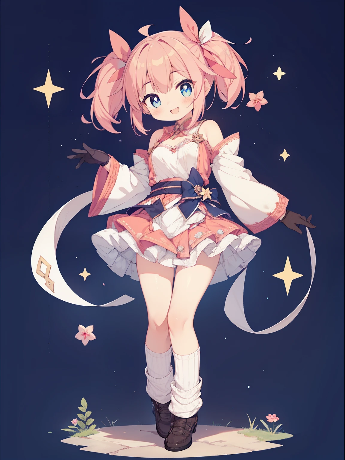 (1girl in:1.2), (独奏:1.2), masutepiece, nffsw、Shaders、Brilliant Textured Work、Ultra-detailed eyes、ultra-intricate pupil in eyes、top-quality、Pink hair、childish、Gamine、Petite、Standing Picture、magical 、shorth hair、Twin-tailed、Large ribbon、、valley、Shoulder out、Separated sleeves、Wide sleeves、starrysky、A big smile、gloves、Tiered miniskirt、Absolute Area、loose socks、Laced boots、