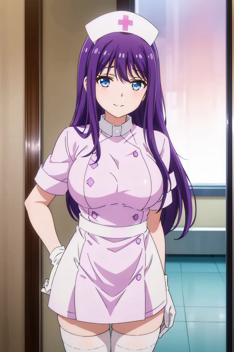 ao horie, purple hair, blue eyes, long hair, hair between eyes, large breasts, solo, Nurse, ((White nurse cap, White nurse uniform)), ((White legwear, zettai ryouiki)), White Gloves, Smile, Standing, ((Hospital room)), sharp outline, Short sleeves, Best Quality, masutepiece