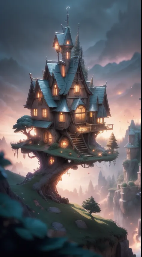 valley, fairytale treehouse village covered, , Matte painting, Highly detailed, Dynamic lighting, Cinematic, Realism, Realistic, photoreali, Sunset, Detailed, High contrast, denoised, Centered, Michael Whelan