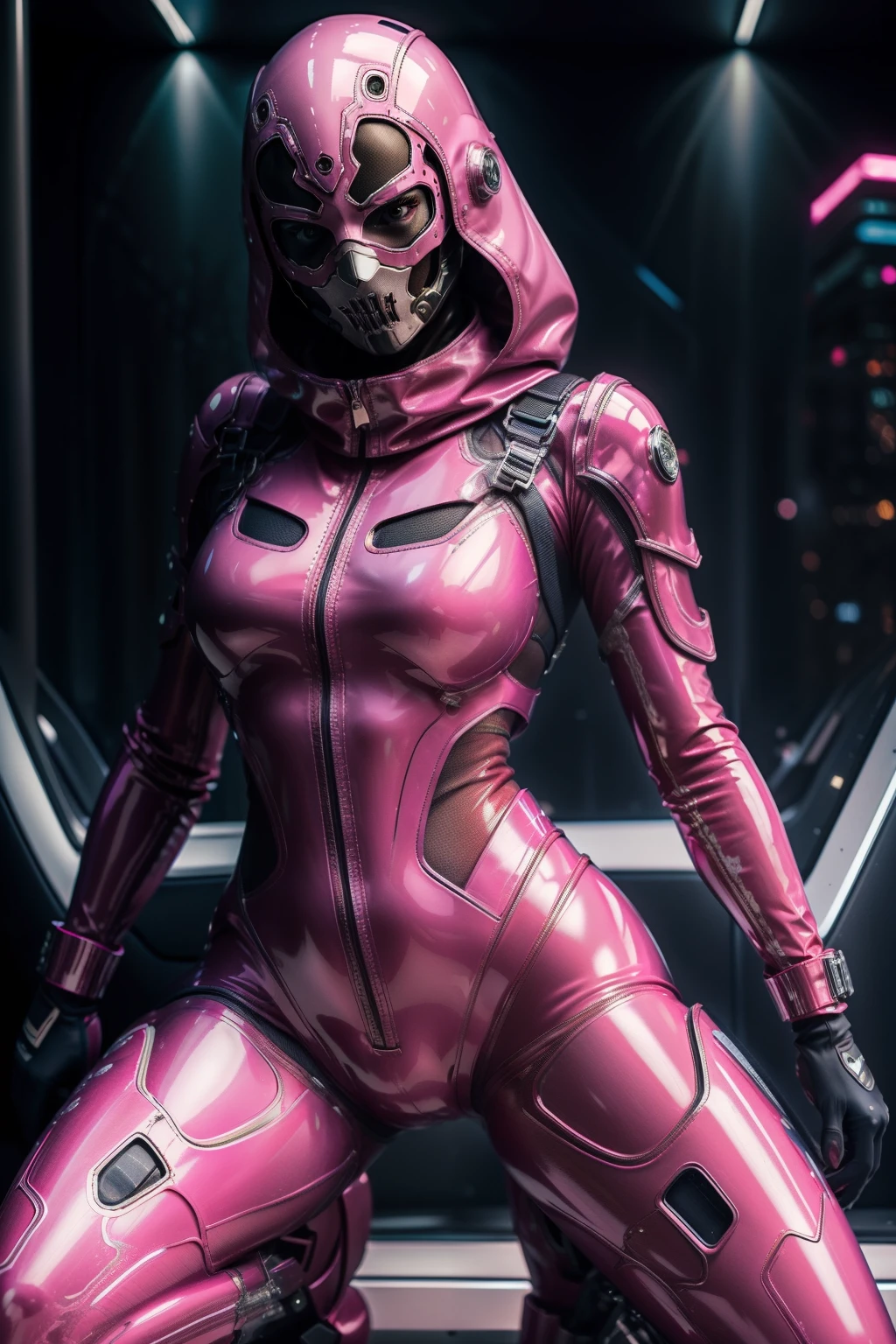 Full body like，(RAW photo:1.2)，Pink latex jumpsuit，Hollow-out on，Holt collar, latex shiny,tight-fitting，sweat leggs，Water droplets on the body，White liquid， Pink body, wearing atsuko kudo latex outfit, wearing tight suit, Smooth pink skin, catsuits, Wearing latex, shiny plastic, shiny metallic glossy skin, The color of pink glow, latex outfit, chrome bodysuit, cyberpunk glossy latex suit, Shiny, futuristic glossy latex suit　spread their legs　M-shaped legs　angry look　sullenness　Irritated，white liquid all over body，