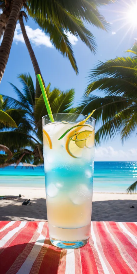 Using the right hand, macro photography depicts picnic scenes themed around a tropical beach holiday in summer. The protagonist of this photo is a cool glass filled with iced carbonated drinks. The lens focuses on glasses, fruit, dazzling midday sun, fishe...
