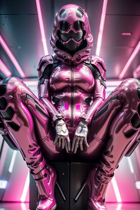 Full body like，(RAW photo:1.2)，Pink latex jumpsuit，Hollow-out on，Holt collar, latex shiny,tight-fitting，sweat leggs，Water drople...