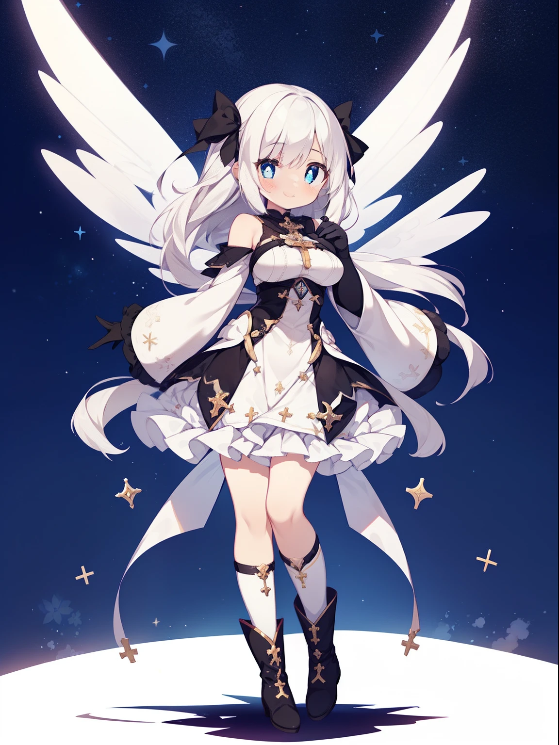 (1girl in:1.2), (Solo:1.2), masutepiece, nffsw、Shaders、Brilliant Textured Work、Ultra-detailed eyes、ultra-intricate pupil in eyes、top-quality、White hair、Adults、mature、Slender body、Standing Picture、magical little girl、long hair that grows to the shoulders、voluminous hair、Clothes in black and white only、Large ribbon、very large breast、Wide sleeves、starrysky、A big smile、white glove、Tiered miniskirt、Absolute Area、white stockings、Magical Girl Boots、Cross Accessories、Cross pattern、Large cross pattern、Dynamic poses、Model body type、