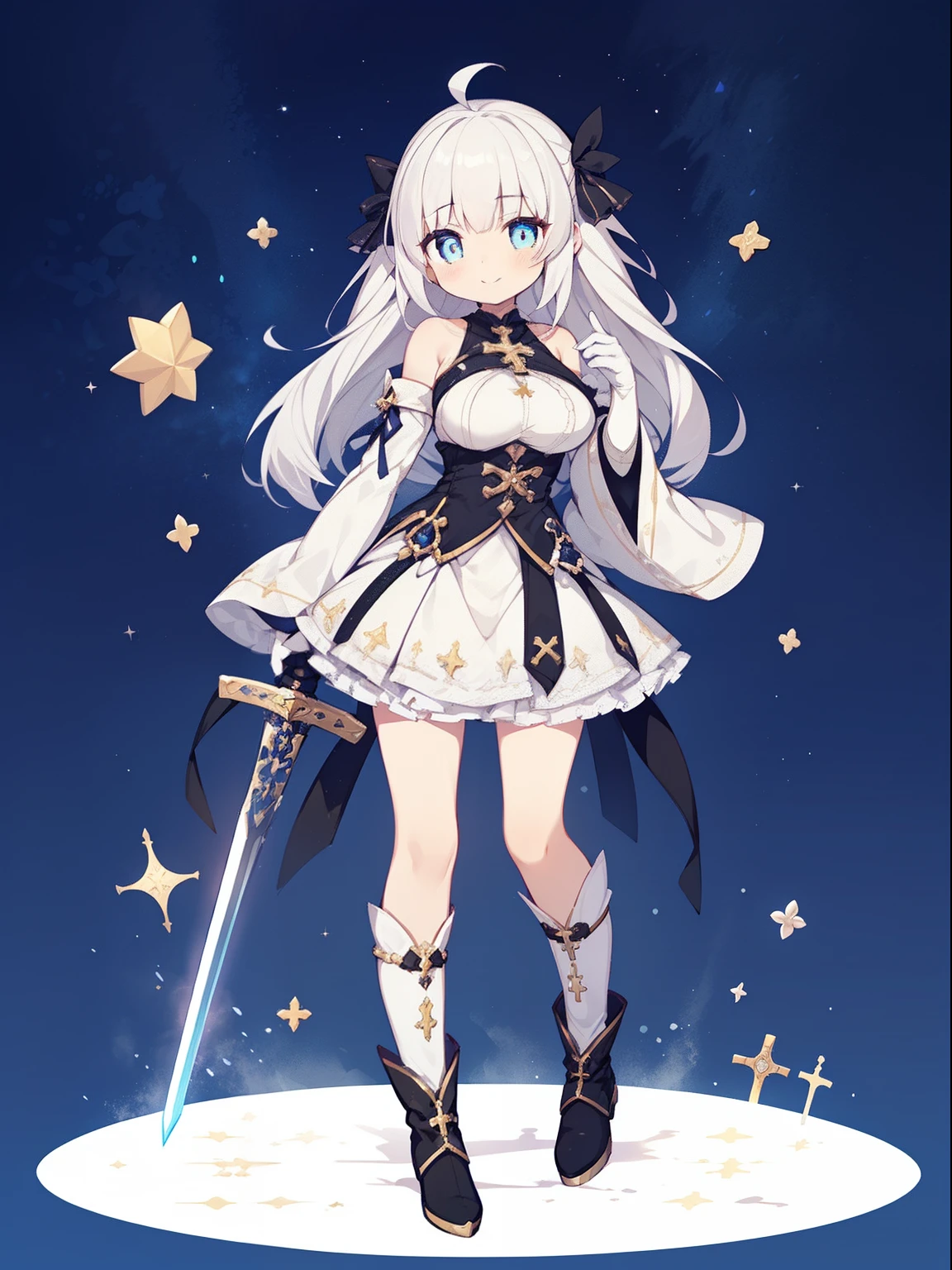 (1girl in:1.2), (Solo:1.2), masutepiece, nffsw、Shaders、Brilliant Textured Work、Ultra-detailed eyes、ultra-intricate pupil in eyes、top-quality、White hair、Adults、mature、Slender body、Standing Picture、magical little girl、long hair that grows to the shoulders、voluminous hair、Clothes in black and white only、Large ribbon、very large breast、Wide sleeves、starrysky、A big smile、white glove、Tiered miniskirt、Absolute Area、white stockings、Magical Girl Boots、Cross Accessories、Cross pattern、Large cross pattern、Dynamic poses、Sword of Light、magic spells、Luminous letters、